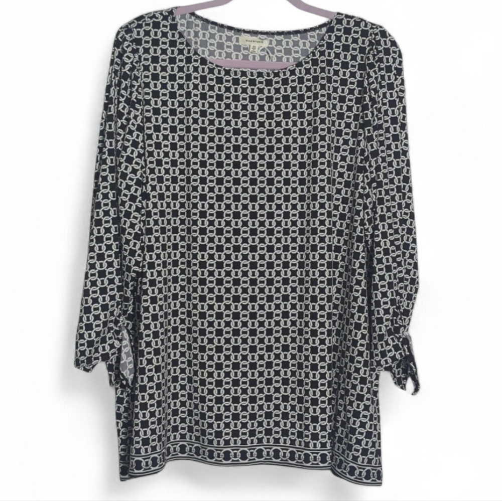 Minimalist Women's Black White Chain Print 2X Blouse Tie Sleeves Dressy Casual